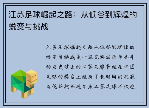 江苏足球崛起之路：从低谷到辉煌的蜕变与挑战