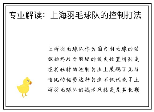 专业解读：上海羽毛球队的控制打法