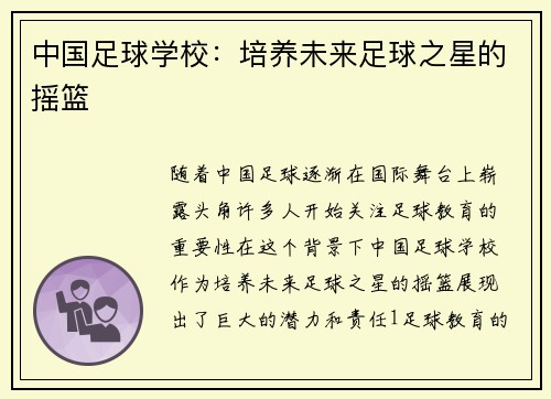 中国足球学校：培养未来足球之星的摇篮