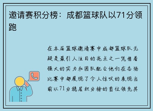 邀请赛积分榜：成都篮球队以71分领跑