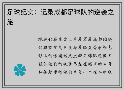 足球纪实：记录成都足球队的逆袭之旅